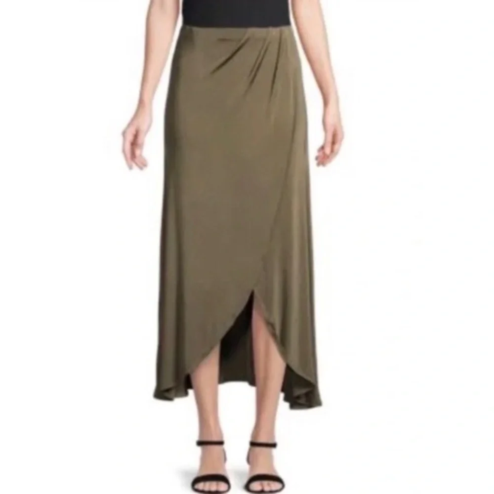 Free People Women’s Wrap Asymmetrical Army Green Maxi Skirt Fall Flow Size M NWT
